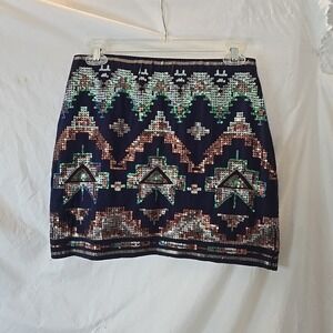 Do & Be Sequined Mini Skirt Aztec Southwest Design Y2K Vibes Navy Blue